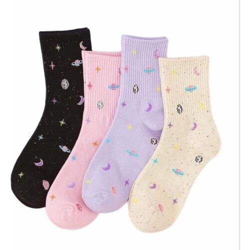 Lovely womens socks, harajuku new creative fun cartoon planet space design, good quality solid cotton womens casual socks