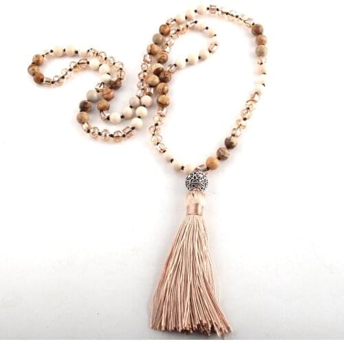 Fashion Bohemian Tribal Jewelry 8MM Stone / Glass Tassel Necklace For Women Lariat Necklaces