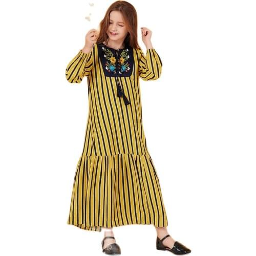 Muslim Girls' Striped Yellow Embroidered Pleated Dress For Casual