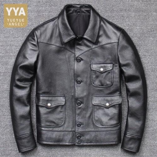 Mens 100% Natural Cow Leather Business Casual Jacket Pockets Single Breasted Windbreaker Coat Vintage Genuine Leather Jackets