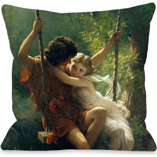 Mom and Baby Throw Pillow Cover Lady Portrait Oil Painting Cushion Case Beige Linen White Polyester Kissenbezug Home Decoration