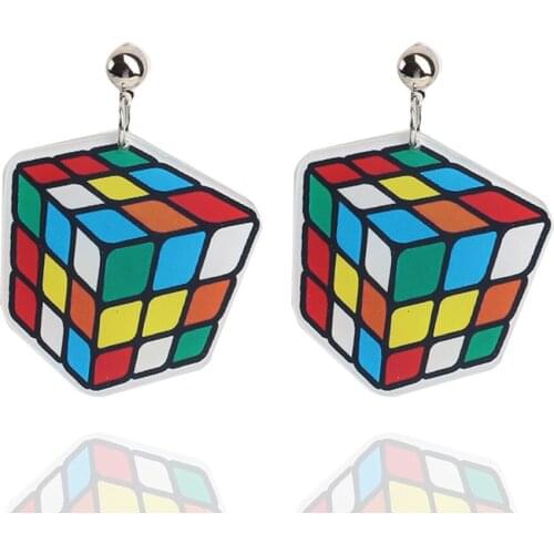 New Funny Colorful Magic Cube Drop Earrings For Women Girl Geometric Square Speed Cube Acrylic Dangle Earrings Punk Cool Jewelry