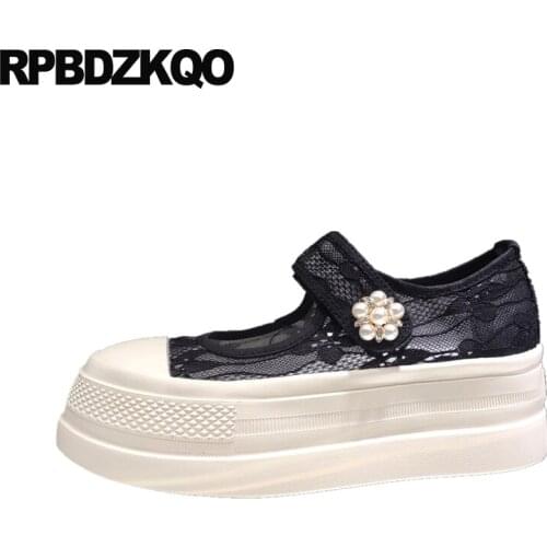 Thick Sole Creepers Pearl Ladies Beautiful Flats Shoes Mesh Platform Mary Jane Harajuku Lace Elevator Flower Women Muffin Floral