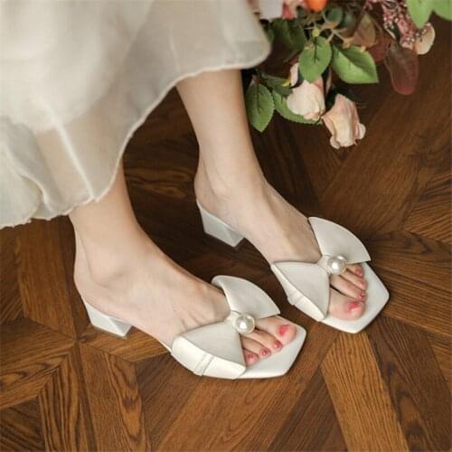 PXELENA Korean Fairy Celebrity Women Butterfly-knot Pearls Slippers 2021 Summer Real Genuine Leather Slides Party Dress Date 40