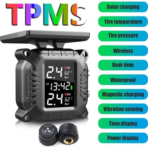 Waterproof Motorcycle TPMS Moto Tire Pressure With 2 External Sensors Solar TMPS LCD Motorbike Wireless Monitoring System