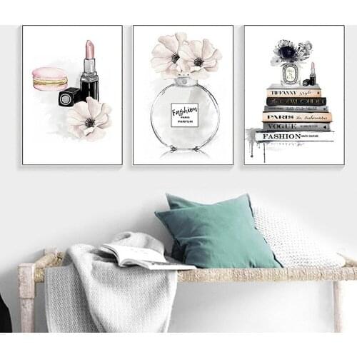 Nordic Style Fashion Combination Canvas Painting Ins Flower Perfume Bottle Lipstick Poster Bedroom Living Room Wall Art Decor