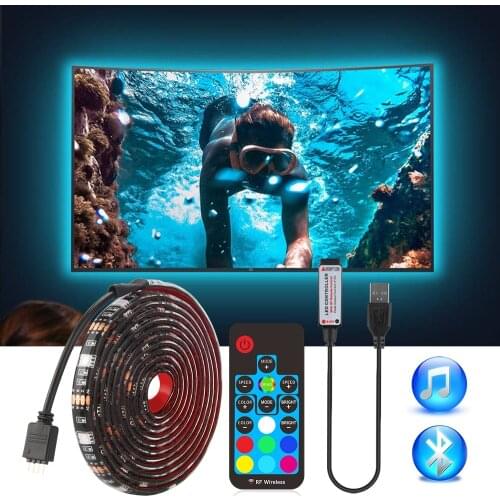 USB LED Strip 5050 RGB TV Background Lighting Kit Cuttable with IR RF Music Bluetooth RGB LED Controller, 0.5M/1M/2M Set