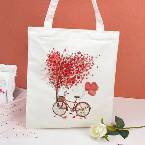 Love Elegant Bicycle Print Harajuku Casual Female Shoulder Canvas Bag Ins Large Capacity Tote Bag Reusable Ladies Shopping Bags