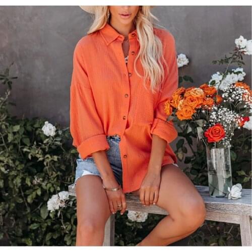 Women Solid Candy Color Button Shirt Casual Long Sleeve Single Breasted Casual Loose Office Lady Chic Blouses Orange Chemise Top