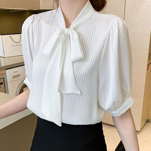 White Top Blusas Mujer Ladies Tops 2021 Summer Short-sleeved Shirt Womens Solid Bow Chiffon Blouse Female Korean Clothing 1178