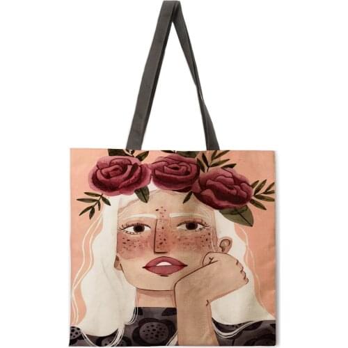 Art illustration linen shopping bag ladies shoulder bag foldable shopping bag fashion beach bag handbag
