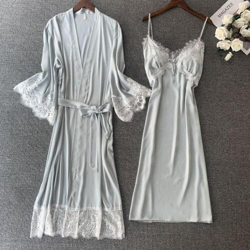 Women Lace Trim 2PCS Robe Sets Bride Rayon Dressing Kimono Gown Sexy Strap Top Nightdress Bathrobe Underwear Autumn Home Skirt
