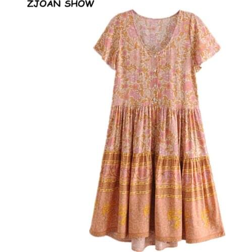 2021 Spring Bohemia Open Buttons V neck Orange Flower Print Dress BOHO Woman Spliced Ruched Pleated Hem Holiday Dresses Beach