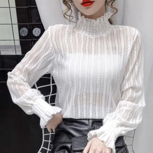 #2007 Spring 2021 Sexy Transparent Blouse Women Turtleneck Slim Sexy Lace Basic Tops Thin Perspective Blouse Femme Long Sleeved