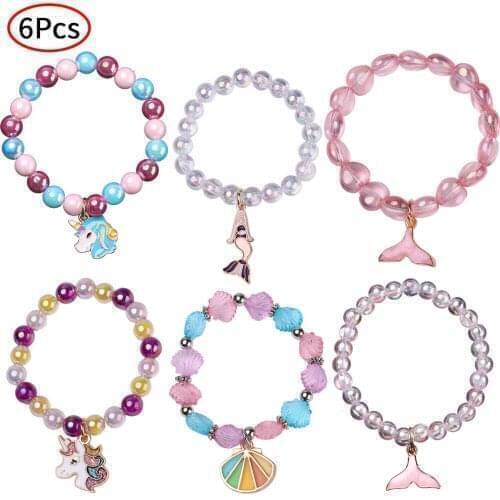 6Pcs Kids Girls Beaded Bracelets Cute Cartoon Anime Jewelry Bracelet Set Mermaid Pendant Hybrid Bangles Fashion Gifts for Girls