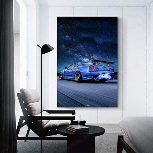 Car Poster JDM Skyline GTR R34 Blue Canvas Art Poster and Wall Art Picture Print Modern Family Bedroom Decor