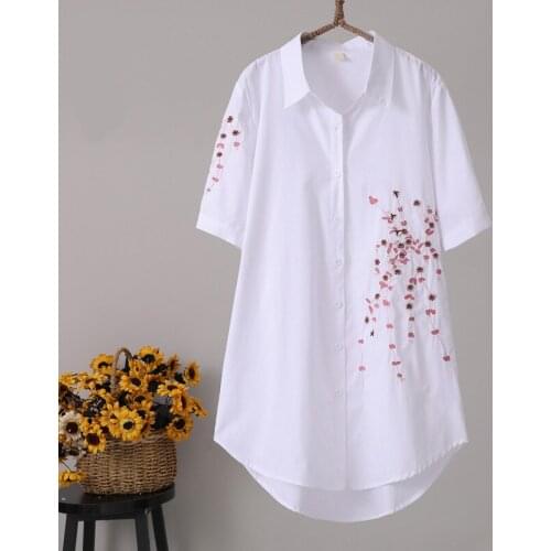 Oversized Embroidery Flower Women Shirts 2021 Summer New V-neck Turn-down Collar Short-sleeved Loose Long Female Shirts Outwears