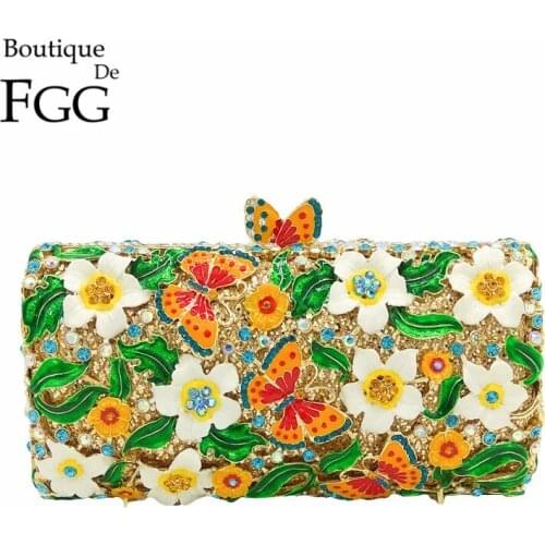 Boutique De FGG Hollow Out Multi Flowers & Butterfly Women Crystal Clutch Evening Bag Diamond Minaudiere Handbag Wedding Purse
