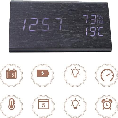 Wooden Modern Digital LED Alarm Clock Sound Control Digital Clock Despertador Desktop Clock Humidity Temperature Display Clock