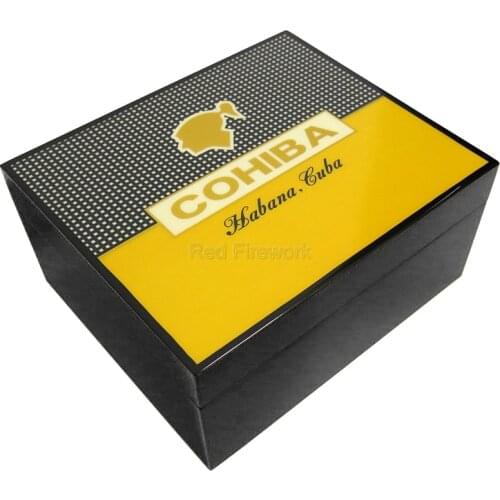 COHIBA Elegant Yellow And Black Gloss Cigar Humidor Cedar Wood Cigars Case Box Humidifier Hygrometer Large Sigaren Humidor Box