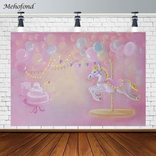 Mehofond Birthday Party Photography Background Cake Smash Carousel Balloon Pink Girl Backdrop Photo Studio Props Photocall Decor