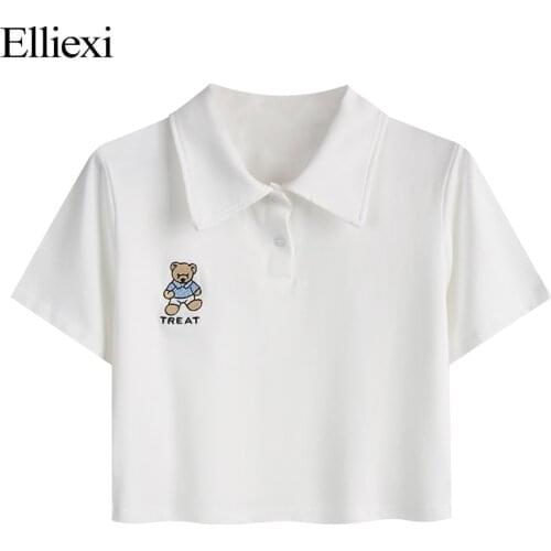 Elliexi Bear cub Embriodery T Shirt Women Cotton White Short Crop Tops Solid Short Sleeve Turn Down Collar New Design Tshirt