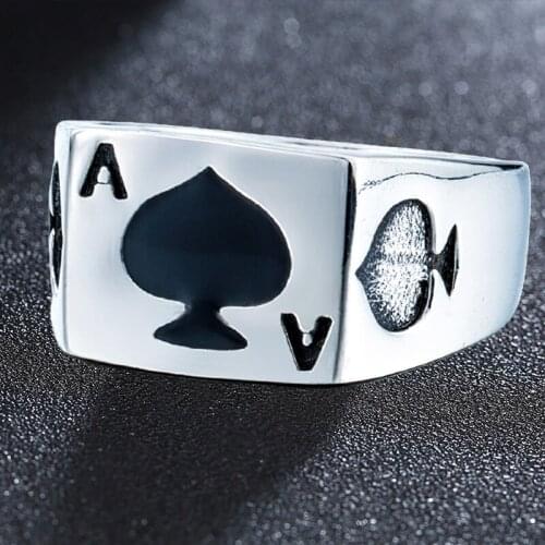 Stainless Steel Lucky Spade-A Playing Card Ring Mans Fashion Jewelry Retro Personality