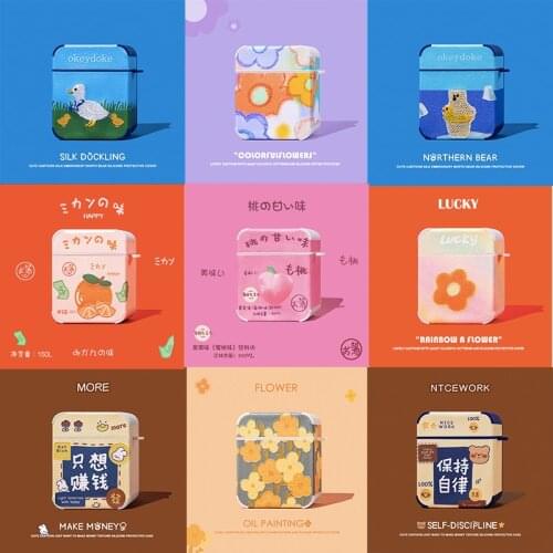 Ins Art Painting Flower Duck Peach Leather Earphone Case for Airpods 1 2 Pro Fragment Flower Bluetooth Earphone Cover with Hook