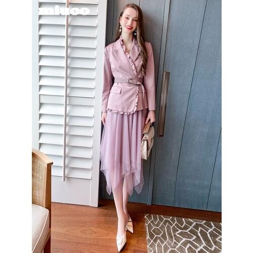 Patchwork agaric lace belt suit coat+Irregular mesh half skirt suit for women 2021 spring High Quality Top Quality