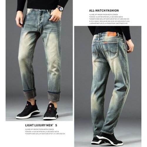 Mens Winter Straight Jeans Fleece Thick Warm Denim Jeans High Quality Mens Loose Casual Long Jeans Retro Solid Color Jeans 40