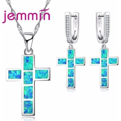 Cross Necklaces Pendant 925 Sterling Silver Bridal Wedding Jewelry Sets Fine Quality Blue Fire Opal Necklace Earring Set