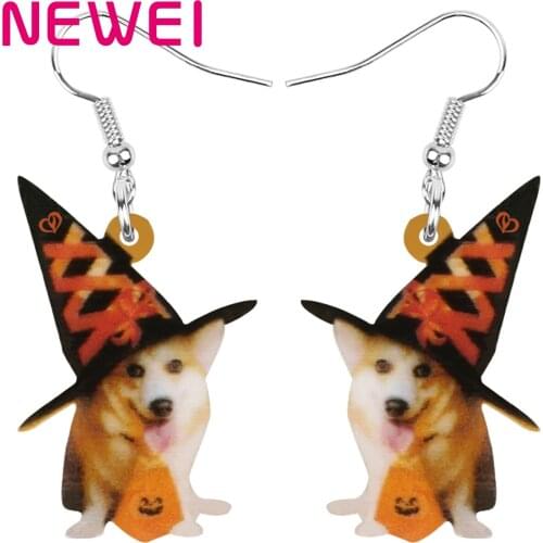 Newei Acrylic Halloween Cute Corgi Dog Earrings Print Long Hat Animal Dangle Drop Jewelry For Women Girl Fashion Gift Decoration