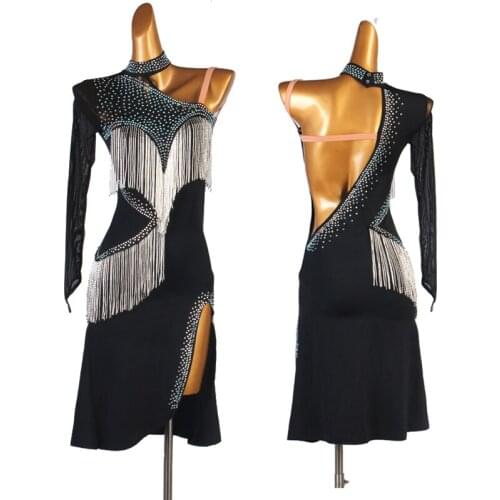 New Latin Dance Costume Shiny Rhinestone Fringe Stage Performance Clothes Latin Competition Dresses Rumba Dance Clothing DQL5203