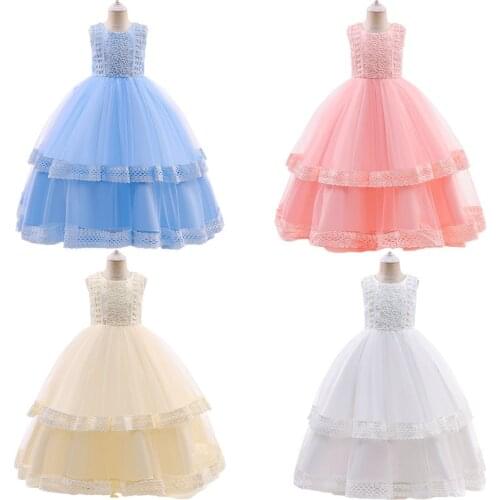 Solid Color Princess Flower Lace Girl Dress Teenager Prom Tutu Wedding Birthday Party Kid Dresses For Girls Childrens Costume