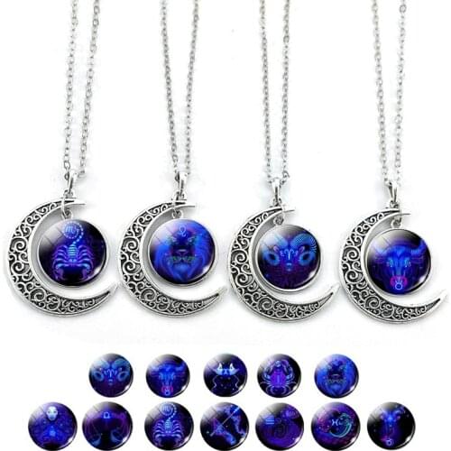 Twelve Constellations Half Moon Necklace Glass Cabochon Sweater Chain Pendant Zodiac Signs Jewelry Couple Gift