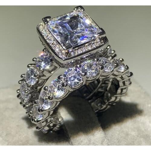 Size 5-12 Hot Sell Luxury Jewelry Shinning 925 Sterling Silver Princess Cut White 5A Cubic Zircon Women Wedding Bridal Ring Set