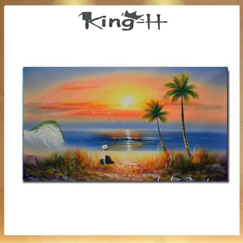 Hand Painted Abstract Summer Sunset Beach Oil Painting On Canvas Modern Seascape Wall Pictures Lobby, Bar Living Room Home Decor