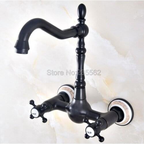 Oil Rubbed Brass 360 Swivel Spout Kitchen Faucet Wall Mount Sink and Basin Mixer Tap Dual Handle Cold Hot Water Faucets Lnf466