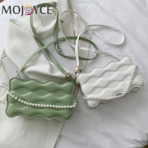 Retro Crossbody Bag Wave Embossing Solid Color Women Pearl Chain Small Handbags Vintage Pure Color Handbag Purse