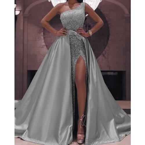 SuperKimJo Silver Beaded Prom Dresses 2020 Detachable Skirt Satin Elegant One Shoulder Cheap Prom Gown 2021 Avondjurken