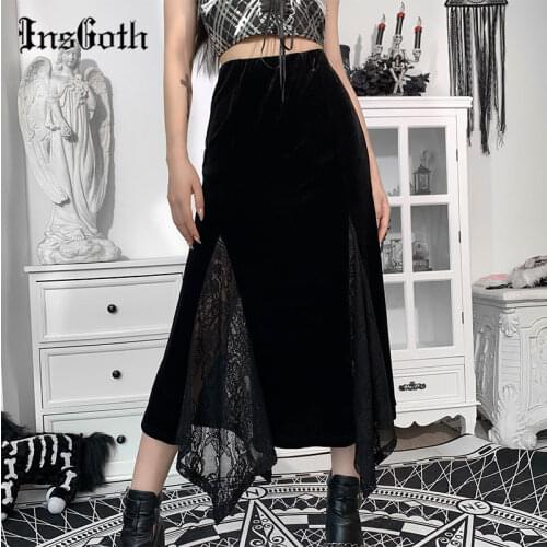 InsGoth Goth Vintage Black Long Skirt Aesthetic Elegant Lace Patchwork Velvet Skirt Gothic Sexy Hight Wait Slit Party Skirt