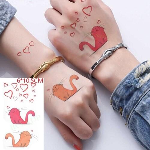 Waterproof Temporary Tattoo Sticker Lovely Pink Orange Cat Love Heart Cartoon Body Art Flash Tattoo Fake Tattoo for Women Men