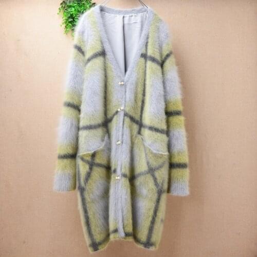 Ladies women fashion plaid hairy winter mink cashmere knitted long sleeves v-neck loose cardigans angora fur jacket coat sweater