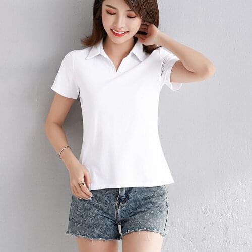 Cotton Women T-shirt POLO-SHIRT Short Sleeve women shirt All match Lady Top Black White Gray Yellow Shir