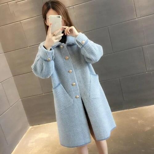 Imitation Mink Fleece Winter Jacket Women 2021 New Korean Chic Plaid Knitted Cardigan Fashion Loose Mid-Length Soft Sweater Coat