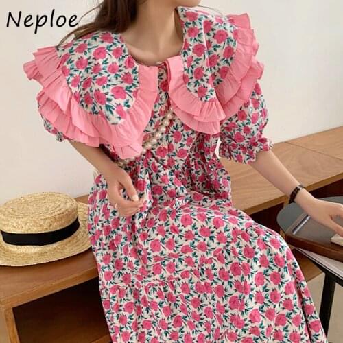 Sweet Loose Puff Sleeve Vestido Feminino Korea Chic Summer Double Layer Fungus Woman Dress Peter Pan Collar Flower Robe