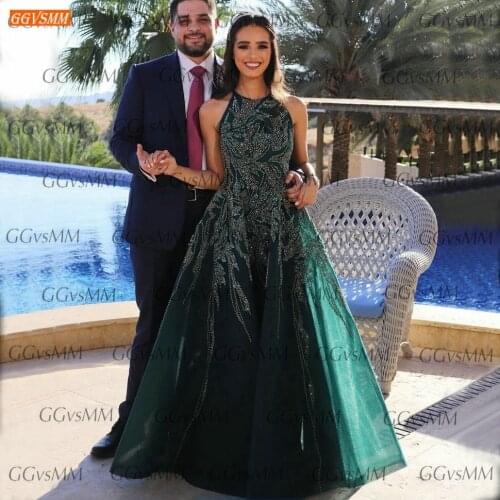Dark Green Evening Dresses O Neck 2020 Abiti Da Cerimonia Da Sera Sleeveless Organza Beaded A Line Women Dress Formal Party Gown