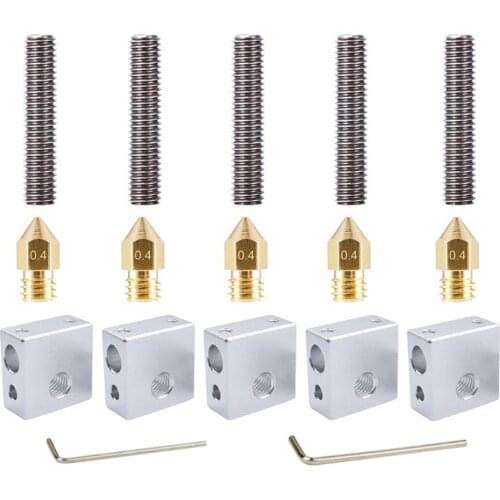 3D Printer Accessories 5PCS MK8 0.4mm Nozzle Heating Block + 5PCS Throat Set + 5PCS Nozzle Set + 2pcs tools