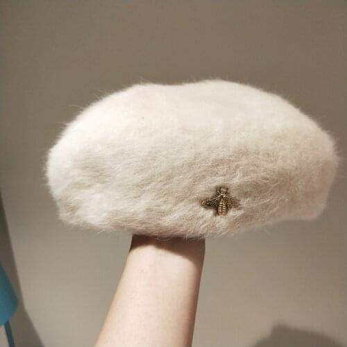 202011-samestripedmeshpaper autumn winter ins style rabbit hair bee pin lady beret hat men women Leisure painter hat