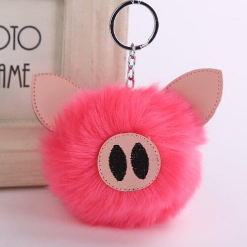 Women Piggy Key Chains Keyrings Holder Fluffy Fur Ball Bag Hang Toy Car Trinkets Cute Charm Pink Pompon Pig Keychain Pendant